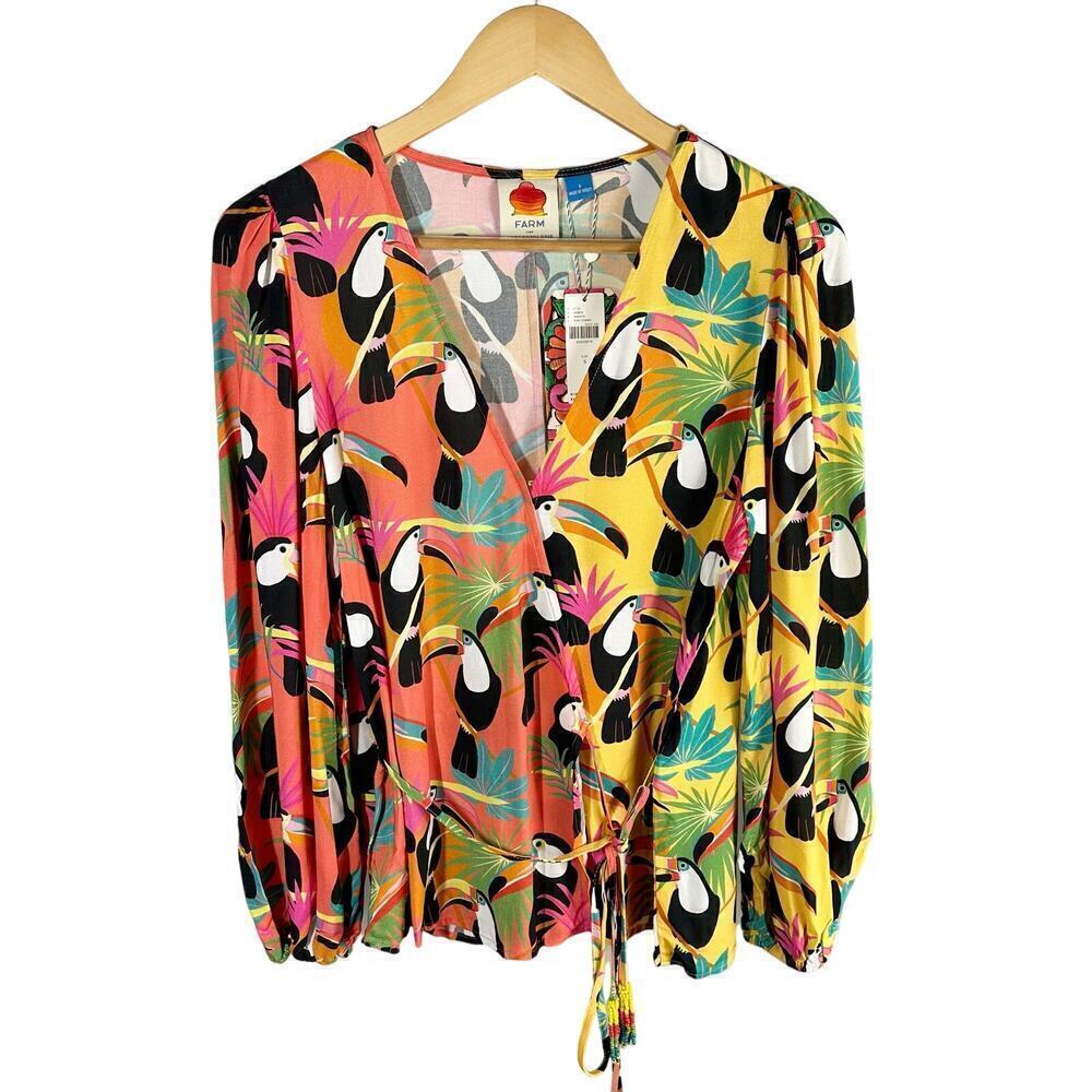 Farm Rio Anthropologie Toucan Tropical Print Wrap Blouse Size Small